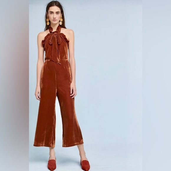 Anthropologie Kristinit Velvet Jumpsuit Rust Orange Brown Copper Ruffle Halter L - Picture 4 of 6